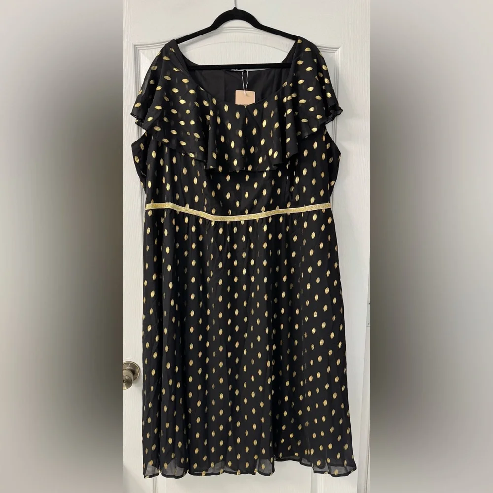 BloomChic Shimmery Polka Dot Stretchy Waist Midi Dress Black/Gold Plus Size - Picture 5 of 11